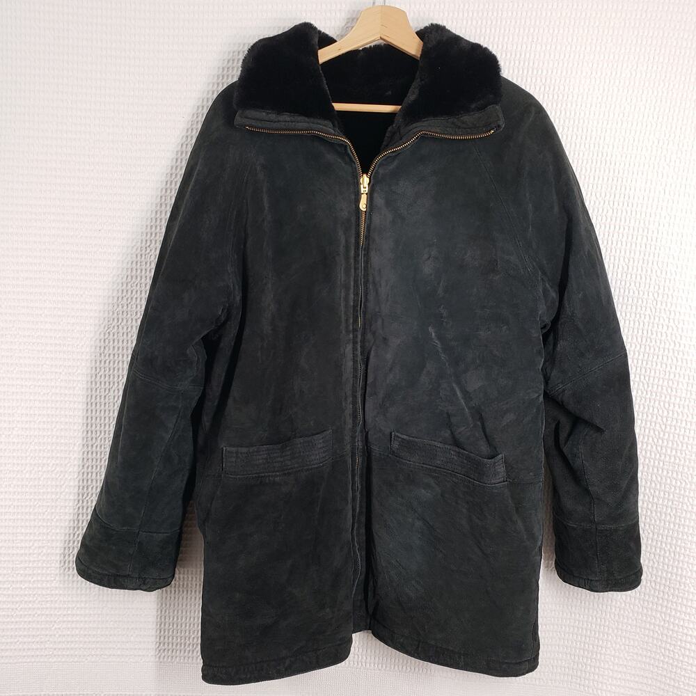 Vintage 90s Suede Faux Fur Jacket Womens Medium Black Reversible Leather Winter - Picture 2 of 16